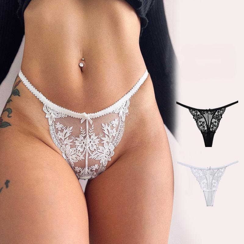 Sexy Low Rise Thong for Women - Lace Floral Embroidery Sheer Lingerie