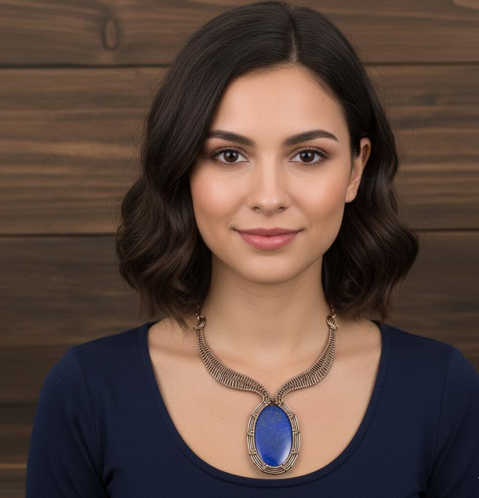 Handmade Lapis Lazuli Gemstone Copper Wire Wrapped Statement Necklace Boho Ethnic Pendant Jewelry for Women