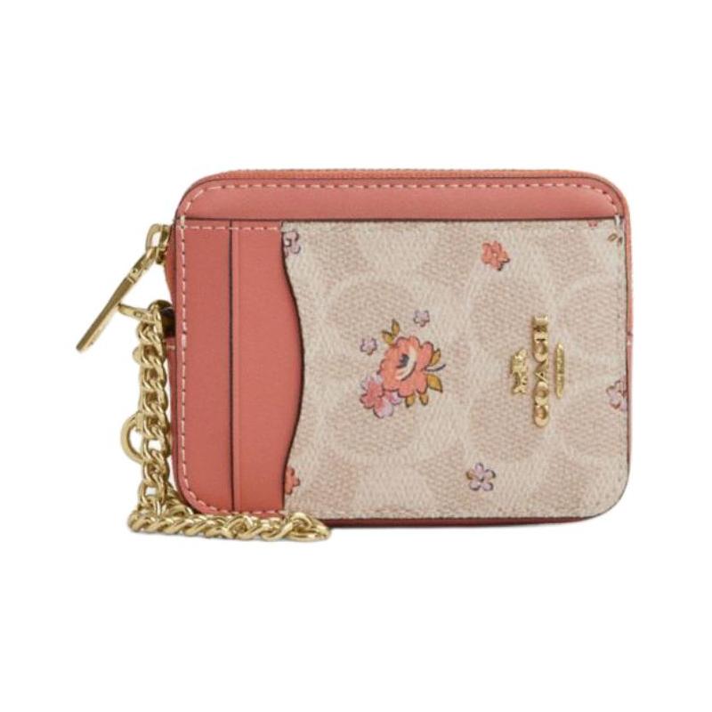 COACH 10 Floral Print Metal Logo Design Leather Coin Purse Card Holder Regular Women Pink чёрный