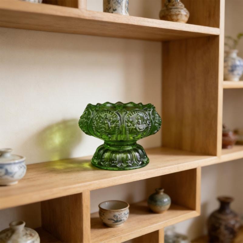 Elegant Glass Lamp Stand With Traditional Eight Favorable Pattern For Worship And Home Display