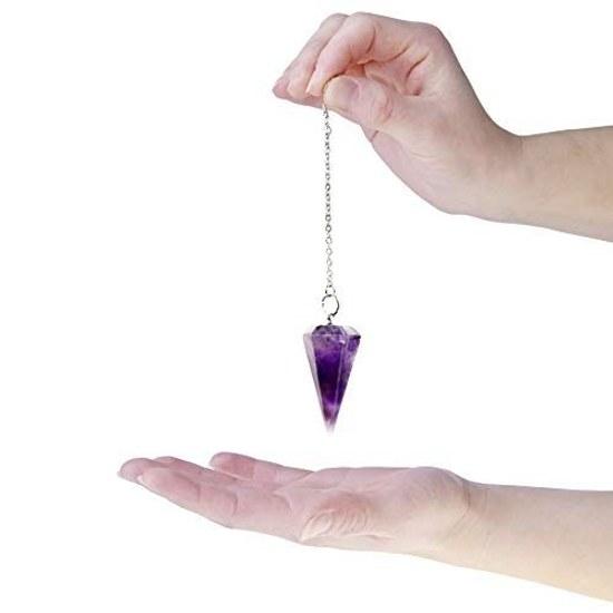 Bella Jade Natural Stone Power Pendulum Dowsing Feng Shui Divination made Purple Amethyst Healing Chaurastone Hexagonal Prism 6 Facets Metal Chain