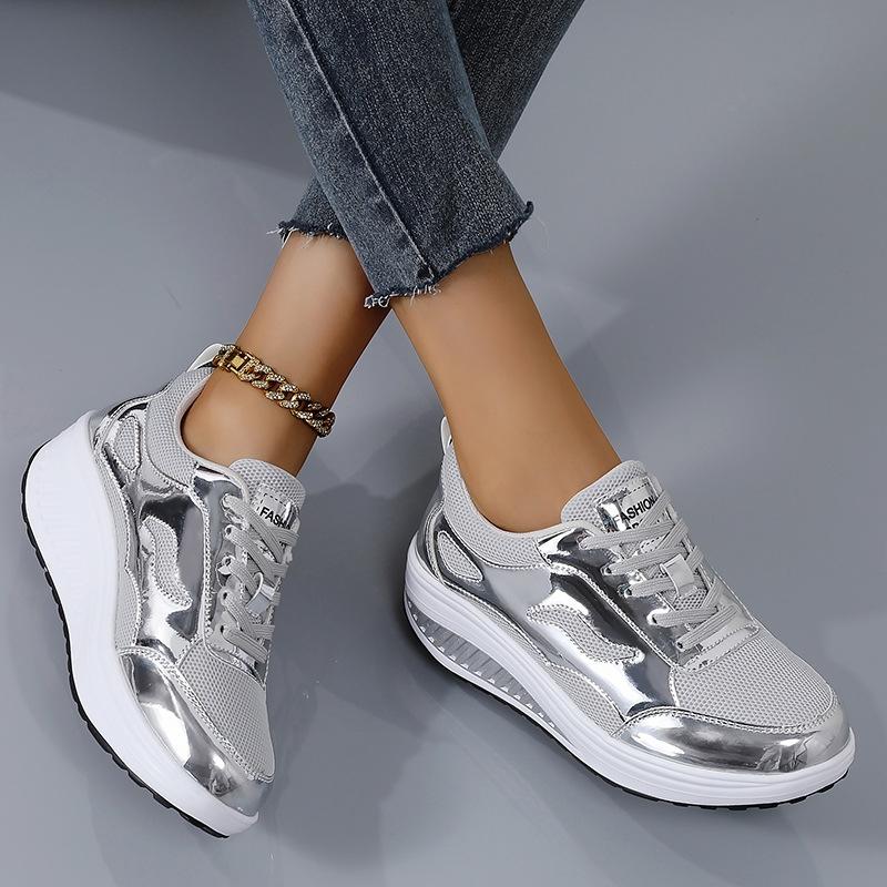 Fashion Spring Gold Mesh Casual Shoes Breathable Lace-up Wedge Platform Sneakers Women Shoes Comfortable Sports Silver Tennis Shoes