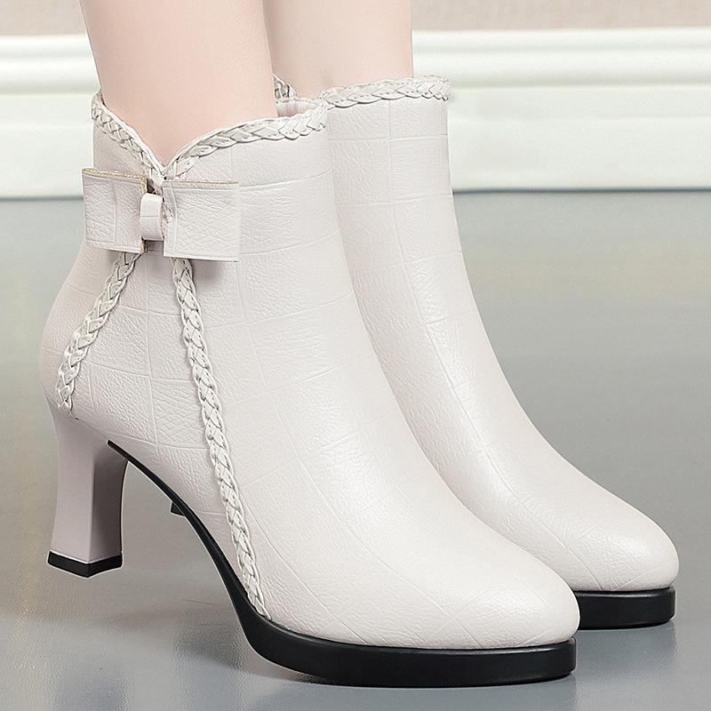 Autumn Women's Platform Shoes New Plus Velvet Stiletto Heel Heeled Ankle Boots Winter Keep Warm Bow Tie Short Boots