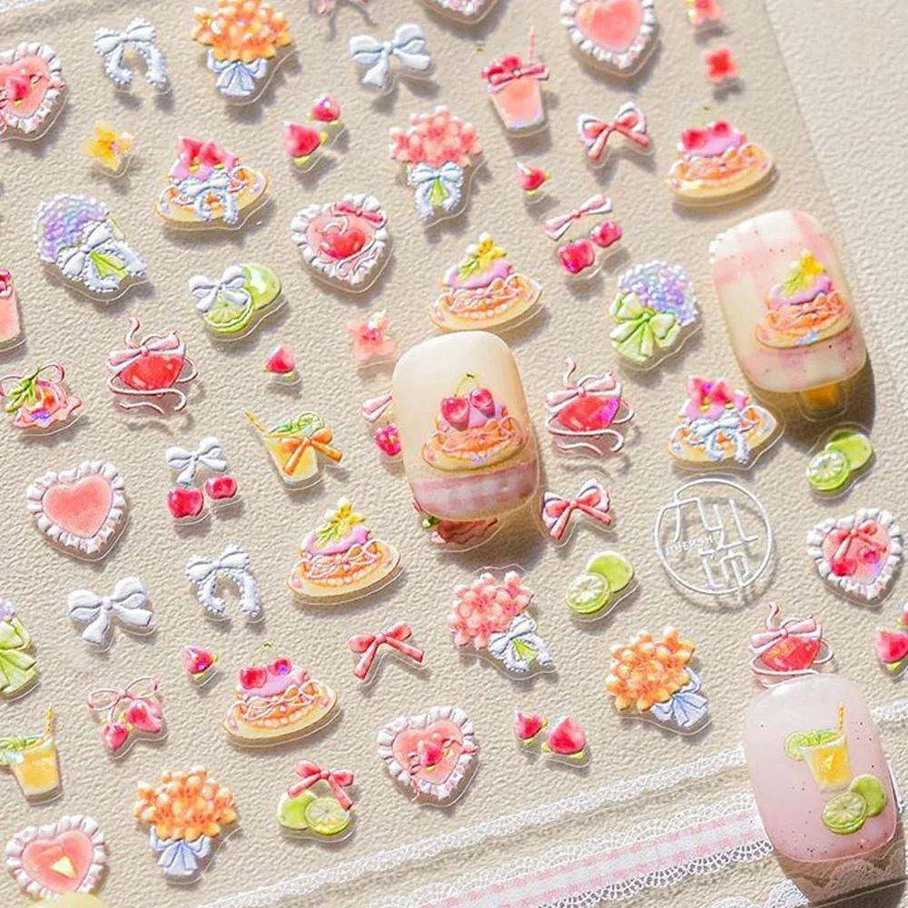 5D Pudding Jelly Dessert Fruit Cherry Pink Claw Print Bowknot Tie Knot Love Heart Stars Nail Art Sticker Adhesive Manicure Decal