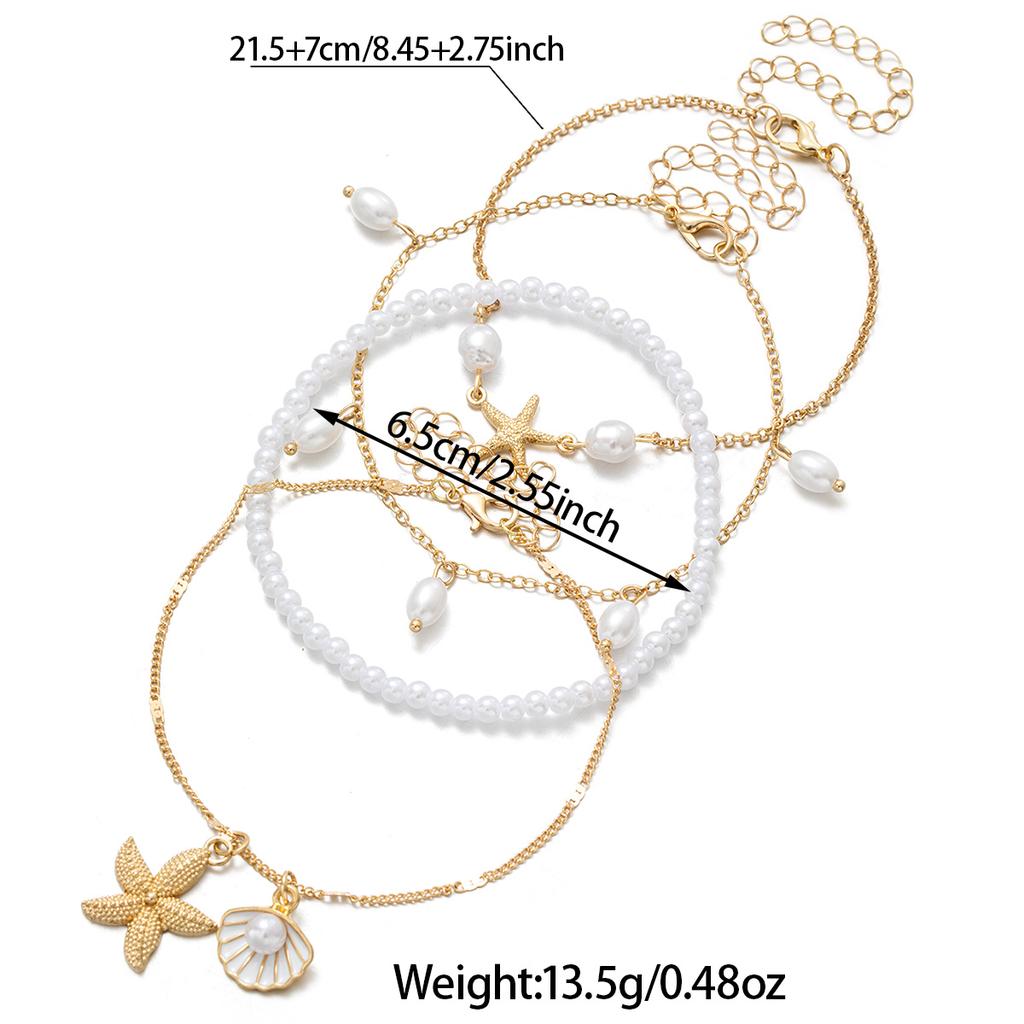 Ocean Style Multi-Layer Anklet Set, Imitation Starfish & Shell Pendants, Faux Pearl Beaded Anklet, Beach Vacation Accessory