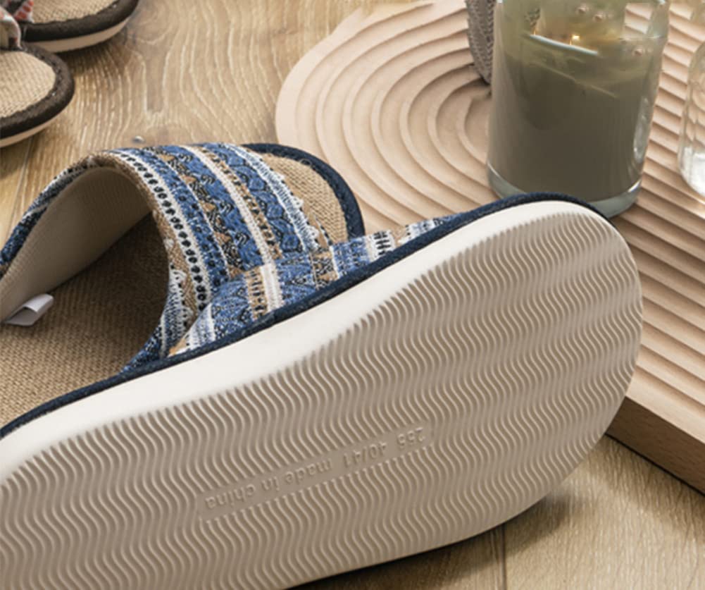 Ethnic Print Cotton Linen Front Indoor Shoes for Men and Women [Euyqs] Slippers, Opening, Summer, Natural, Anti-Slip, Quiet, (25.5-26.5 Cm, Navy,
