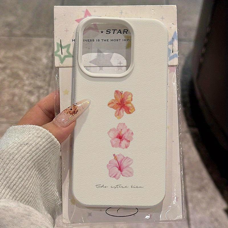 Hibiscus Flower Pattern Lychee Texture Silicone Phone Case For iPhone 11 12 13 14 15 16 17 Pro Max 14 Plus 17Air Soft Cover