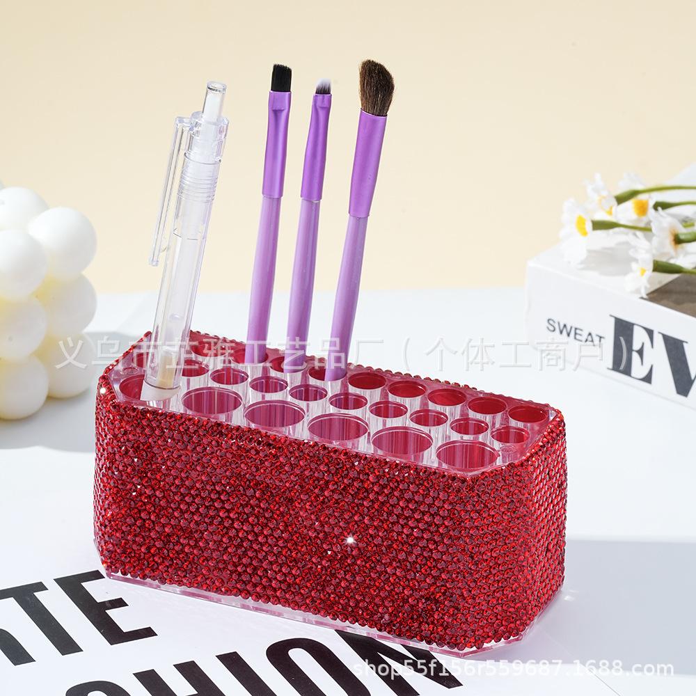 Diamond-set luxury acrylic 26-hole cosmetic pen holder, large hole transparent eyebrow pencil, eyeliner, storage box, finishing display stand