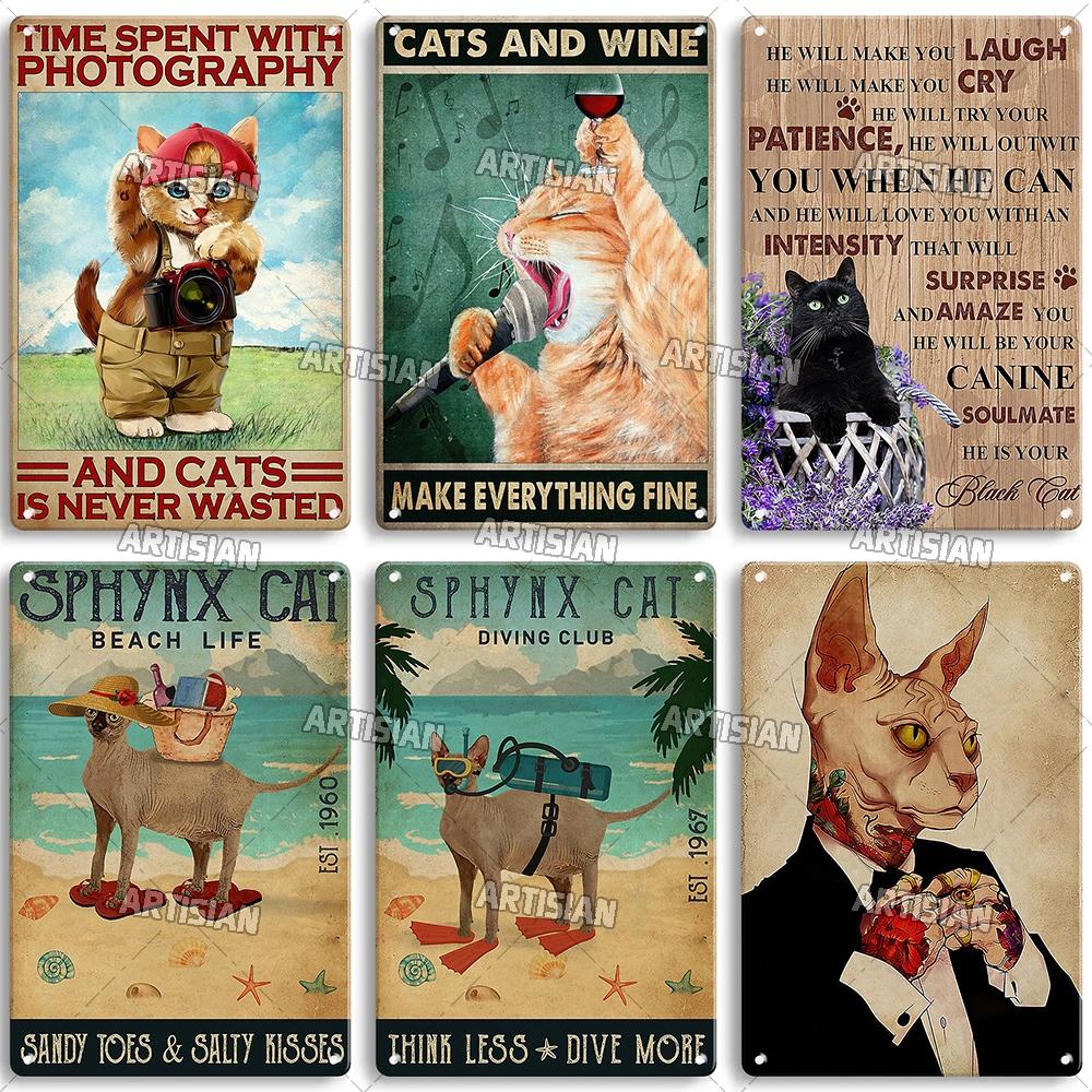 Artisian Black Cat Retro Metal Plaque Funny Pet Vintage Decorative Tin Sign Wall Decor Garage Bar Pub Club Kitchen Home Man Cave