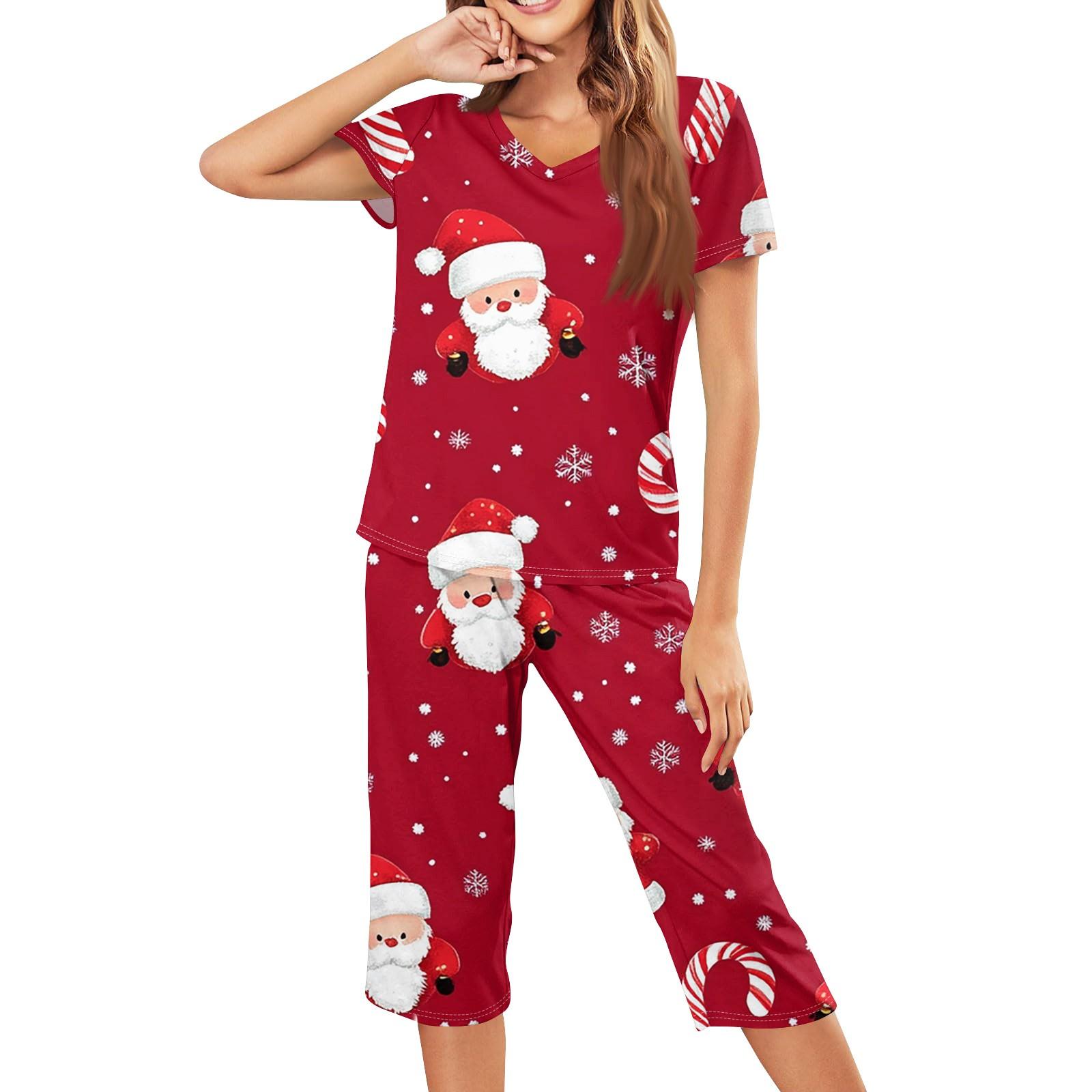 

Женская повседневная спортивная пижама с коротким рукавом и укороченными брюками с рождественским принтом XL красный