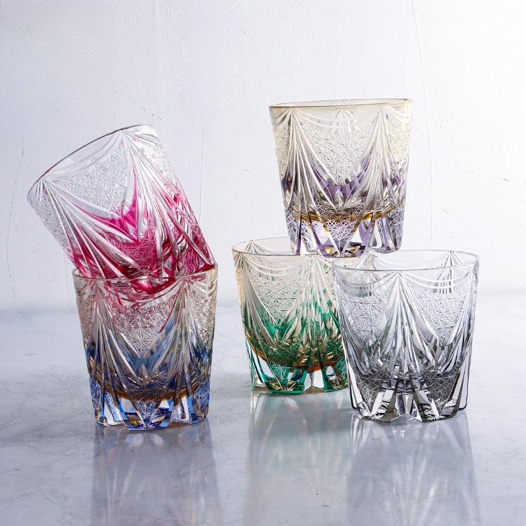 Japanese Edo Kiriko Crystal Glass Hand Carved Whiskey Cup Purple Fluorite Dawn Light Luxury