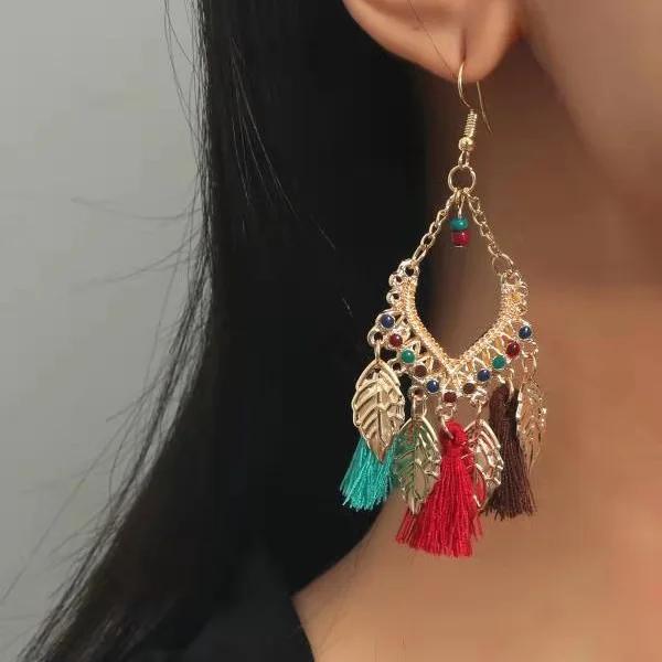 Ethnic Fan-shaped Tassel Dangle Earrings For Women Bohemian Gold Color Leaf Silk Fabric Drop Earring Female Party Jewelry