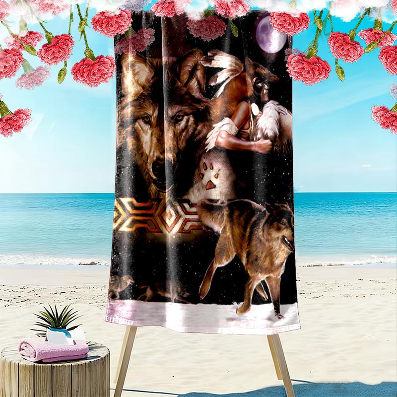 Native Indian Wolf Print Beach Towel, Large Soft Quick Dry Towel for Beach Camping Swimming