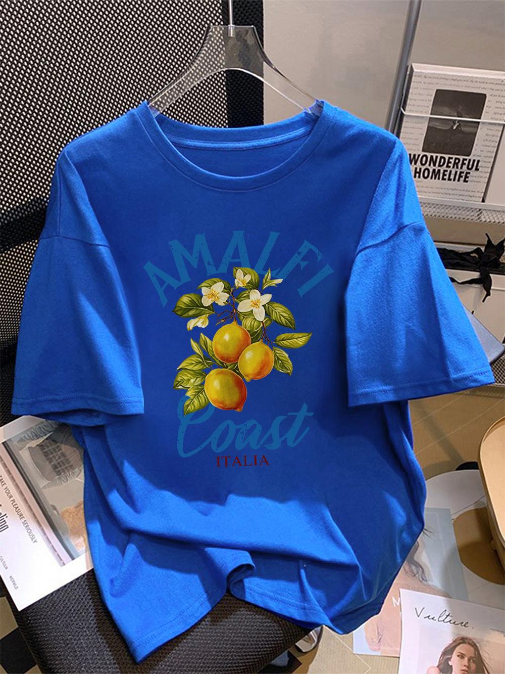 Summer TShirts Women Cotton Amalfi Coast Lemon  Fruit Printing Tops Loose ONeck Soft Comfortable T Shirt Casual Woman Clothes S