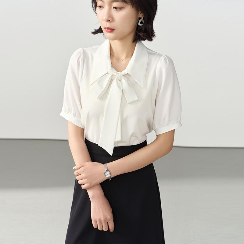 Spring and Autumn White Long Sleeve Chiffon Bow Shirt Women's Professional Formal Inner Top