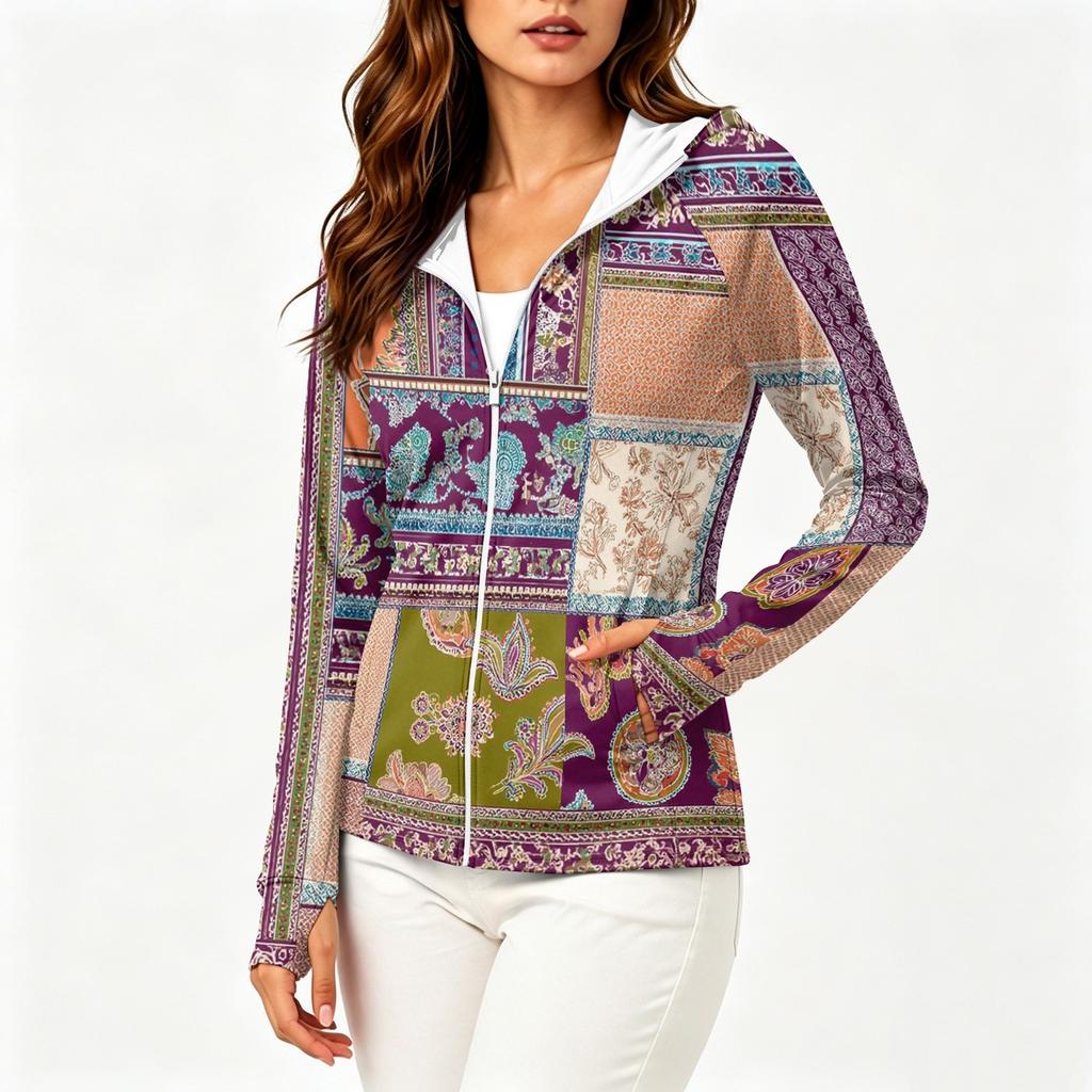 Women's Fashion Zip Up Hooded Long Sleeve Jacket With Tie- Print & Pockets