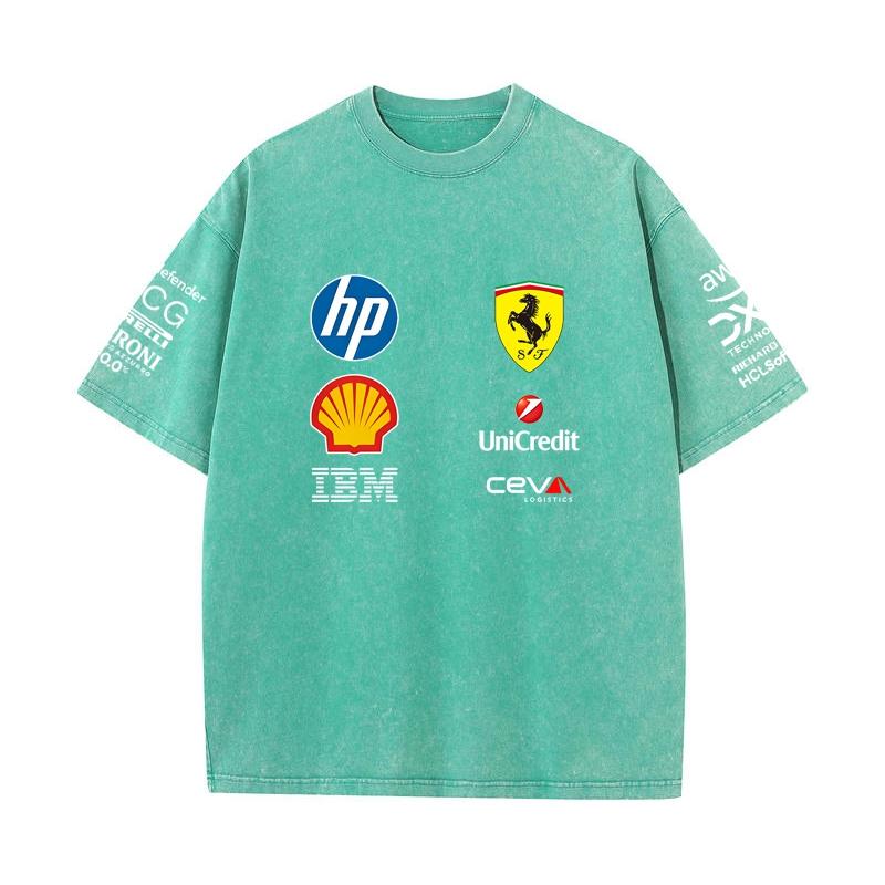 Vintage Washed Black Ferrari F1 Racing T Shirt Oversized Short Sleeve Tee Retro Motorsport Sponsor Logo Print Casual Streetwear Loose Top