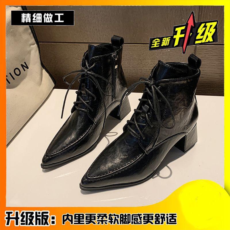 Retro Style Pointed Lace-up Martin Boots Women's 2025 Autumn and Winter New Versatile Lace-up High Heels Thick Heel Short Boots