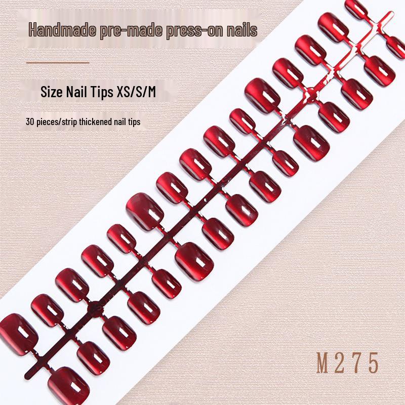 

Vintage Burgundy Plaid Cat Eye Rhinestone Press-on Nails - Spring/Summer Handmade Short Wearable Tips