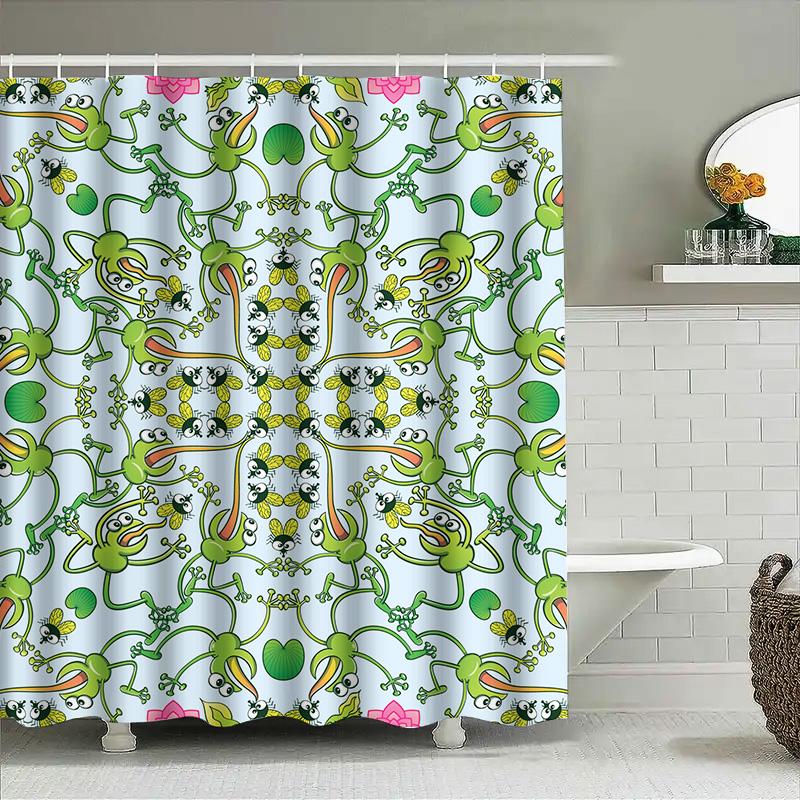 Handmade Shower Curtain Fabric With Frog Pattern For Bathroom Decor Green Floral Bath Curtains For Kids Room Decoration Blue Wat