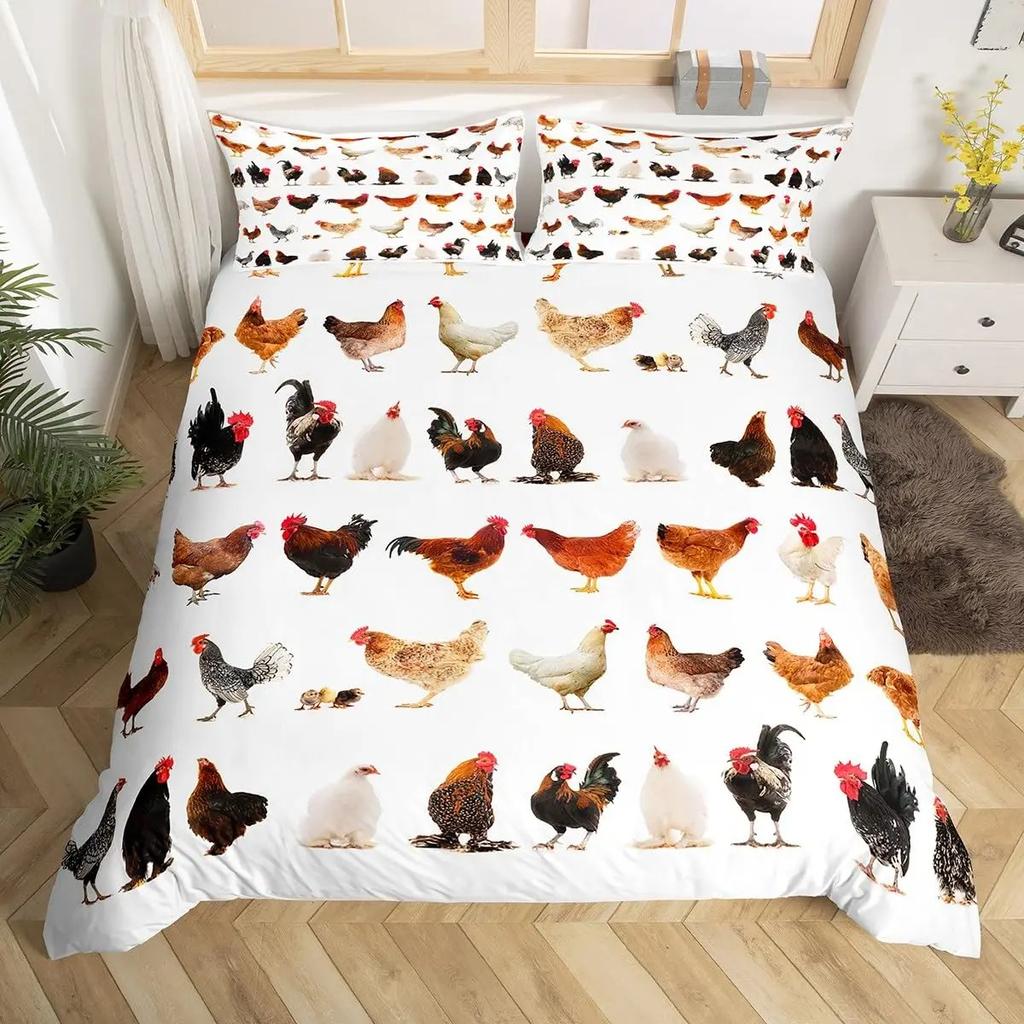 Cute Chicken Duvet Cover King Queen Colorful Rooster Bedding Collection Farm Animal Comforter Cover Funny Rustic Farmhouse Quilt Cover