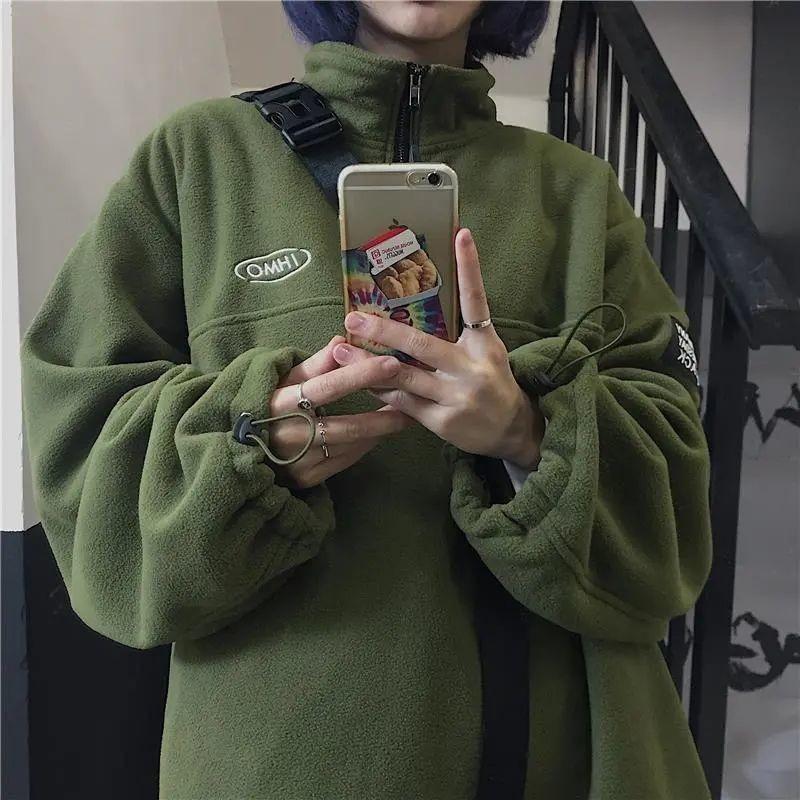 Retro spring and autumn fleece top loose pullover stand-up collar thermal sweater versatile couple jacket tide