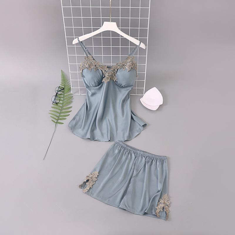 Damski zestaw piżamowy z lodowego jedwabiu i szyfonu 2025: Letnia/Wiosenna Koszulka na Ramiączkach z Wkładkami na Piersi, Cienki Fason, Dwuczęściowy Zestaw do Domu.