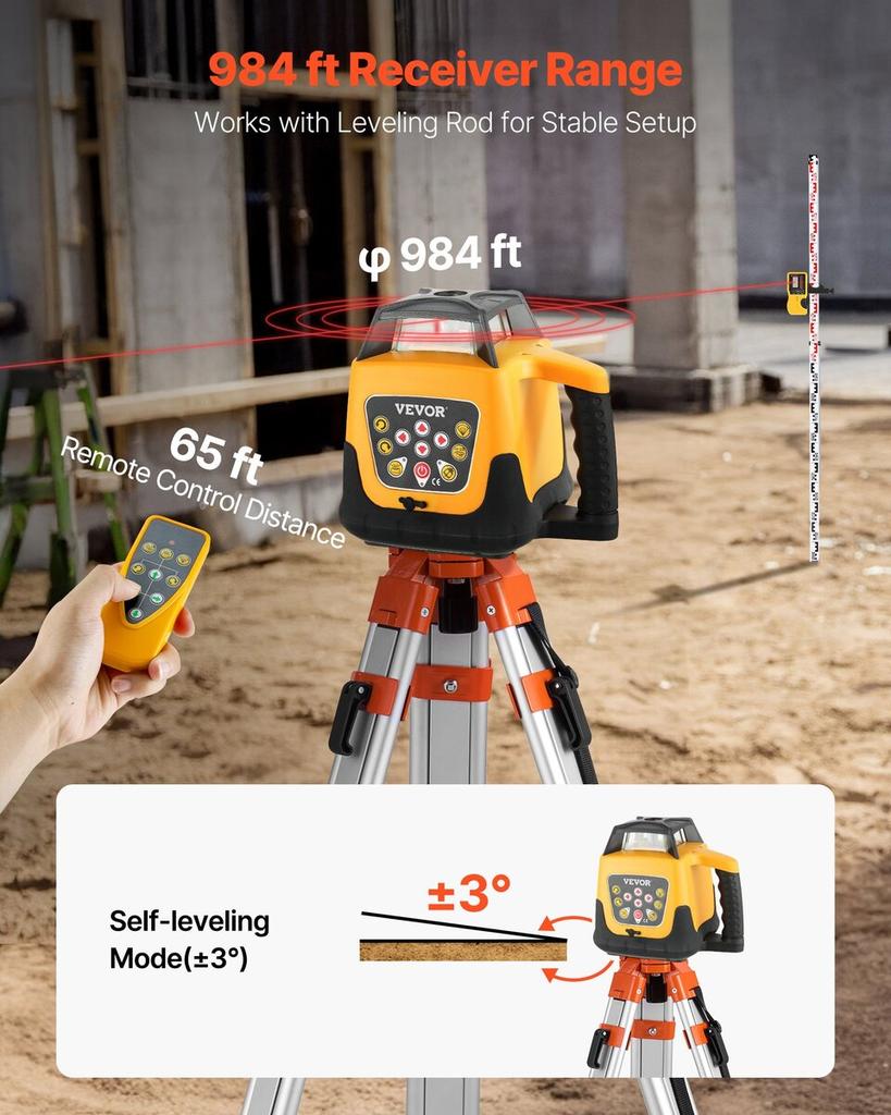 Rotary Laser Level Kit, with Tripod+Staff Gauge, Red Beam 300m Range Slope Adjustable 360-Degree Spinning, Flexible Scanning Angle, Accurate with