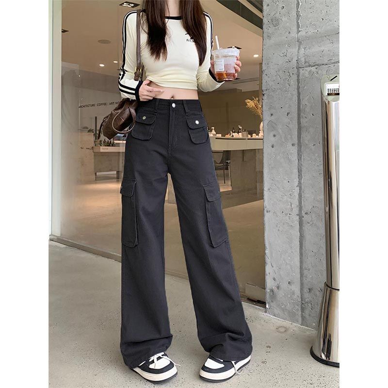 Autumn Women Loose Wide-Leg Pants Jeans Cargo Pocket Design Versatile High Waist Slimming Drape Mopping Pants