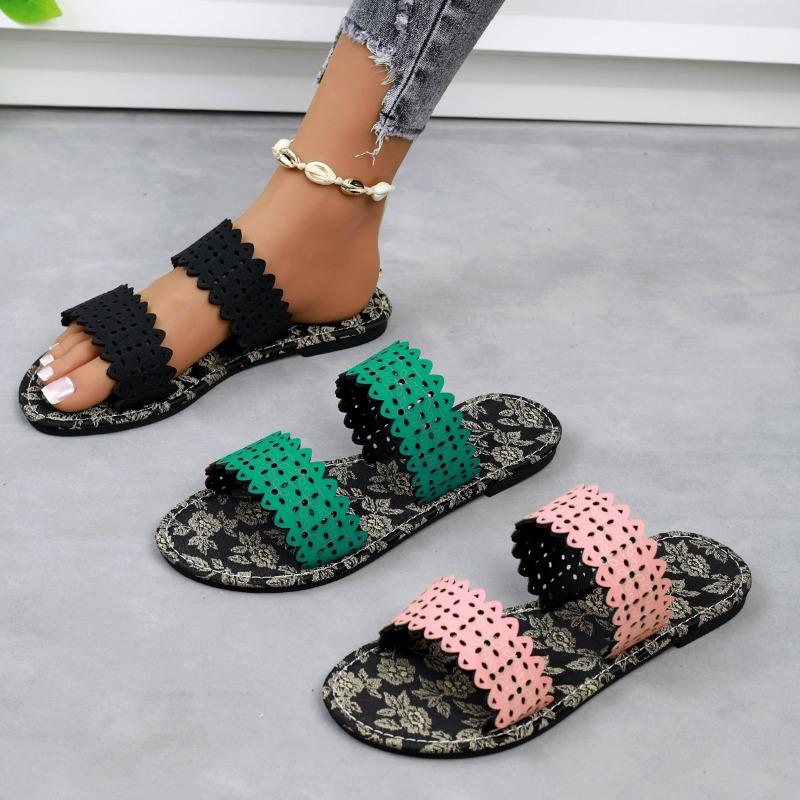 Summer Outer Wear One Word Flip Flops Printed Hollow Out Fashion Lightweight Casual Sandal Flops