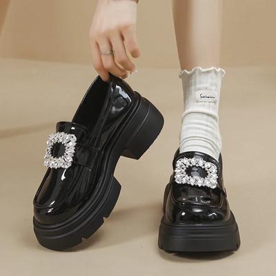 2024 New Women's Single Shoes Thick Sole Solid Color Rhinestone Square Buckle Decoration Spring and Autumn Slip-on Women's Shoes