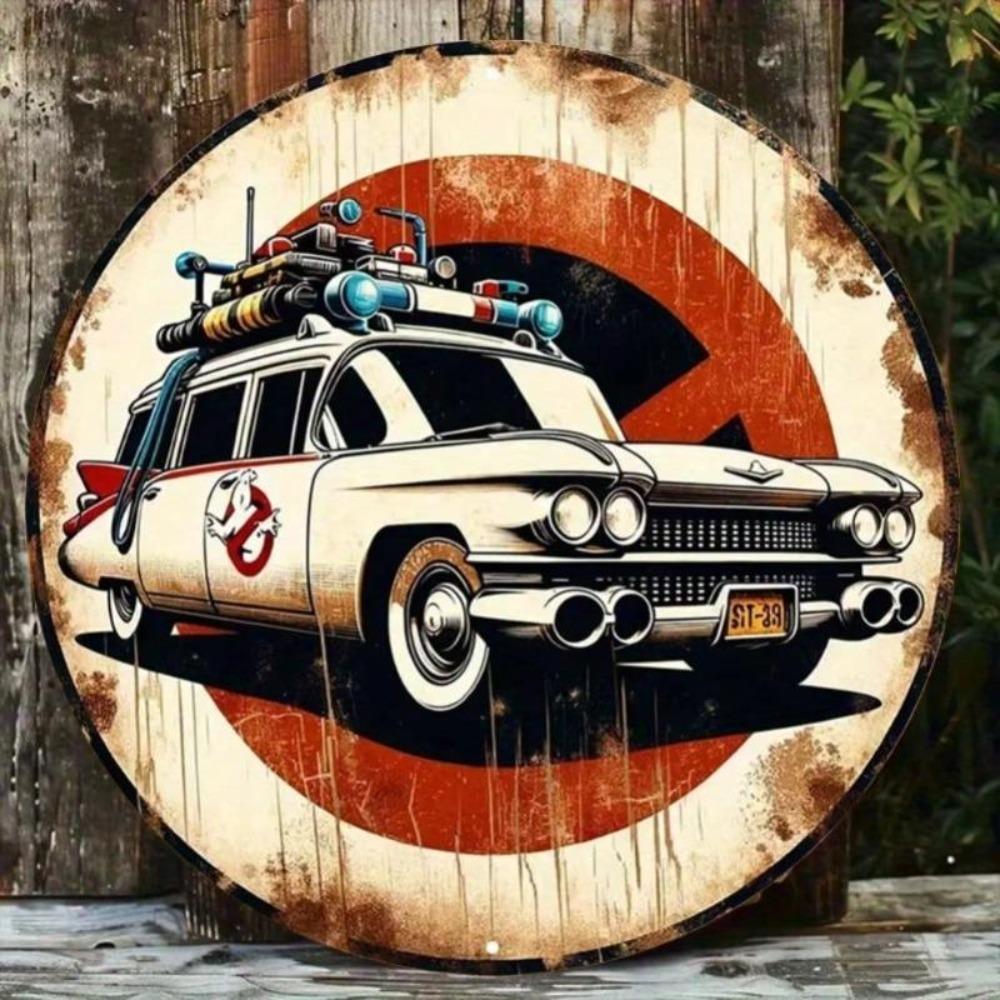 Cartello in Latta Metallica Vintage Ghostbusters Ecto 1 Tondo Impermeabile Decorazione Murale Pre-forato Bar di Casa Regalo Retrò