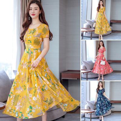 Sommerkleid mit Blumendruck für Damen, wadenlanges Strandkleid mit enger Taille, kurzärmelig, Rundhalsausschnitt, A-Linien-Kleid für Urlaub, Party, Date