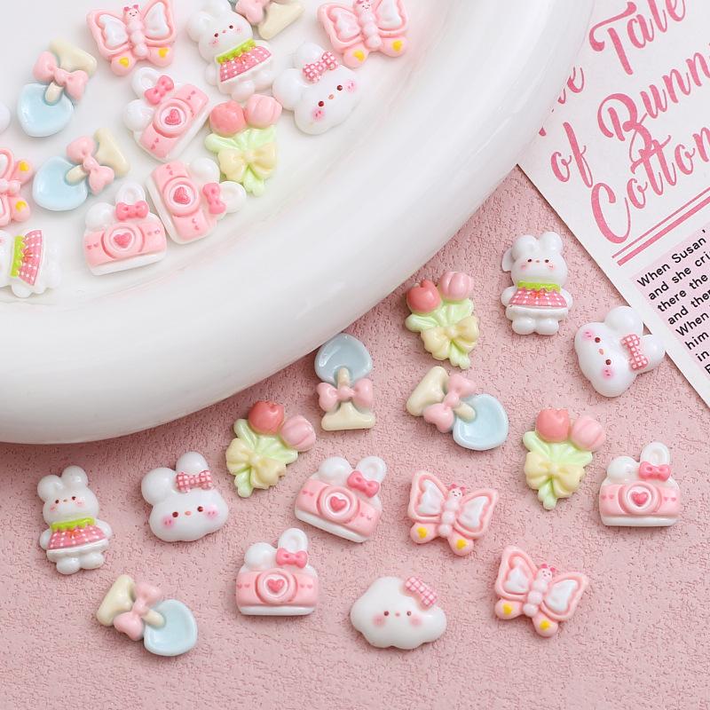 10Pcs New Cute Resin Mini Clouds Pink Series Rabbits Butterflies Flat Back Ornament Jewelry Making Manicure Fashion Accessories