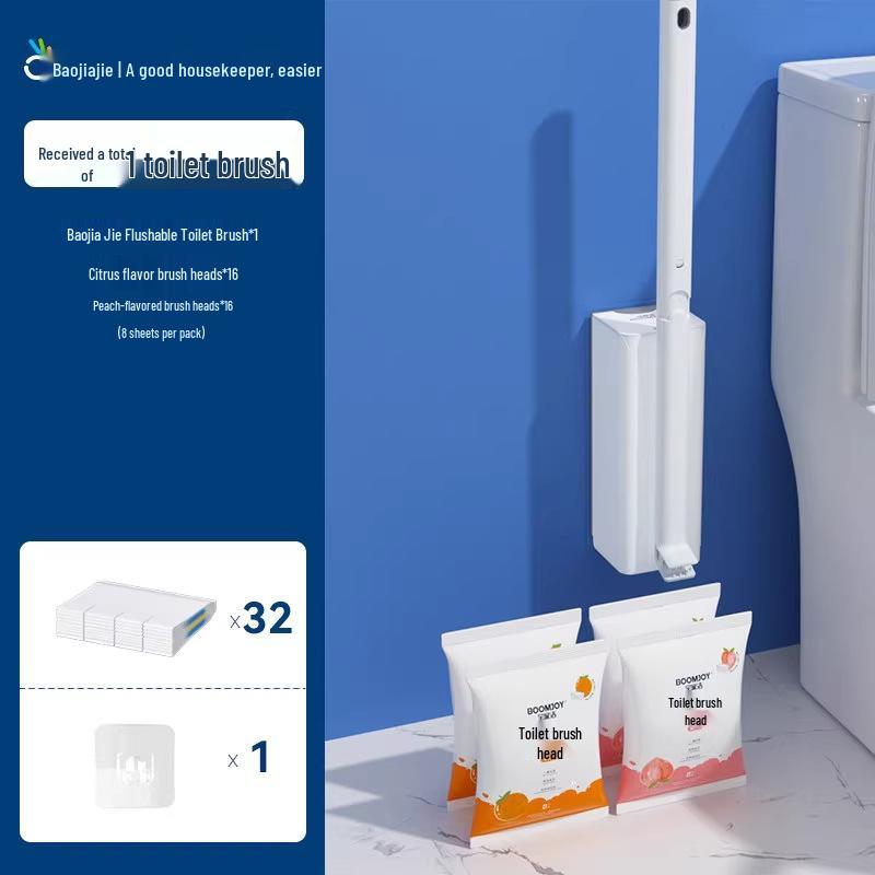 Flushable Japanese Toilet Brush with Dissolvable Head & Built-in Cleaner - Wall-Mounted Home Essential
