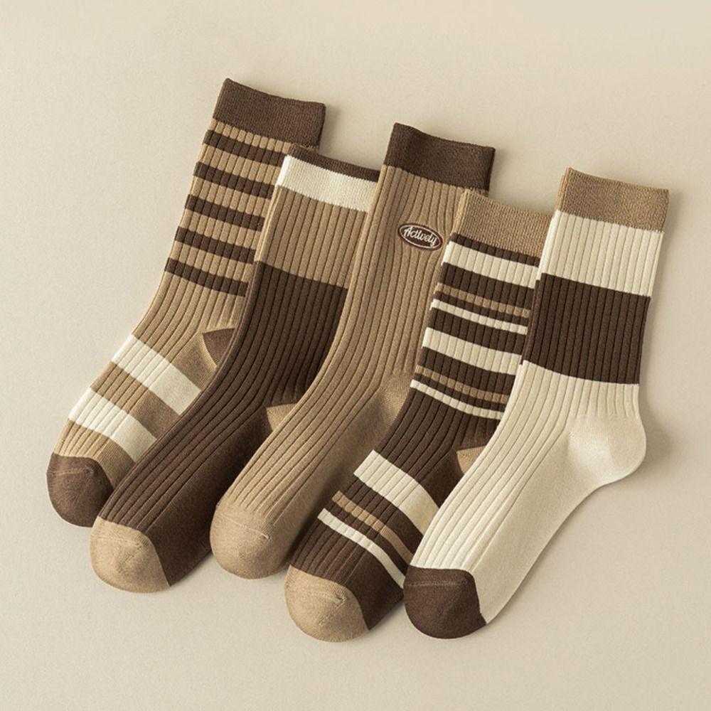 5Pairs Breathable Stripe Tube Socks Retro Mid-calf Socks Fashion Women's Cotton Socks Keeping Warm