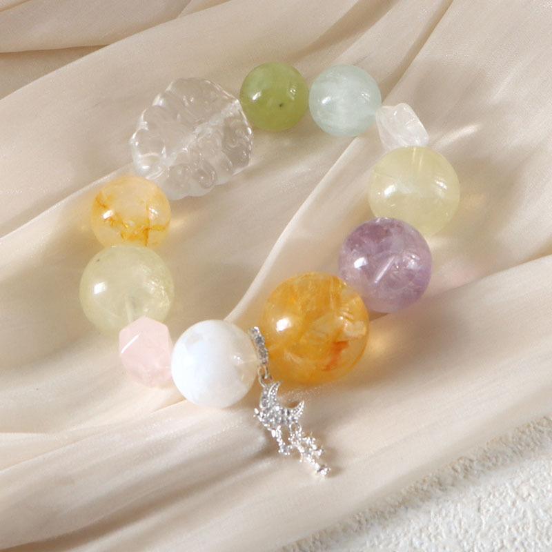 Изящные 22 мм Радужные Натуральные Камни Кристаллы Цирконы Луна Звезда Кисточка Эластичная Нить Браслеты для Женщин Подарок на Годовщину