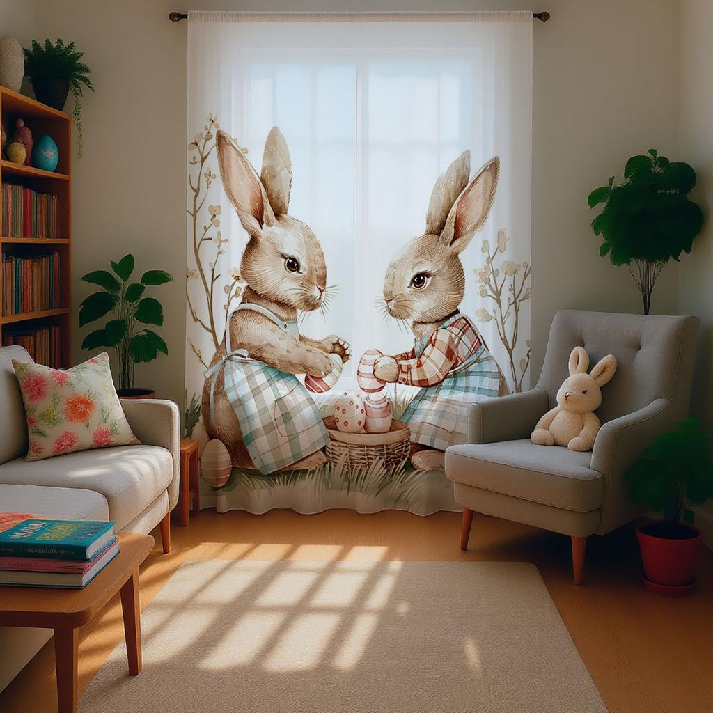 Single Panel Easter Bunny Curtain Rabbit Egg Pattern Pole Window Kids Room Spring Decor With Light Filtering Polyester