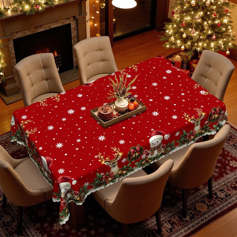 Christmas-Themed Tablecloth, Table Arrangement, Snowman Reindeer Bell Pattern, Waterproof Leave-In, Festive Atmosphere Creation