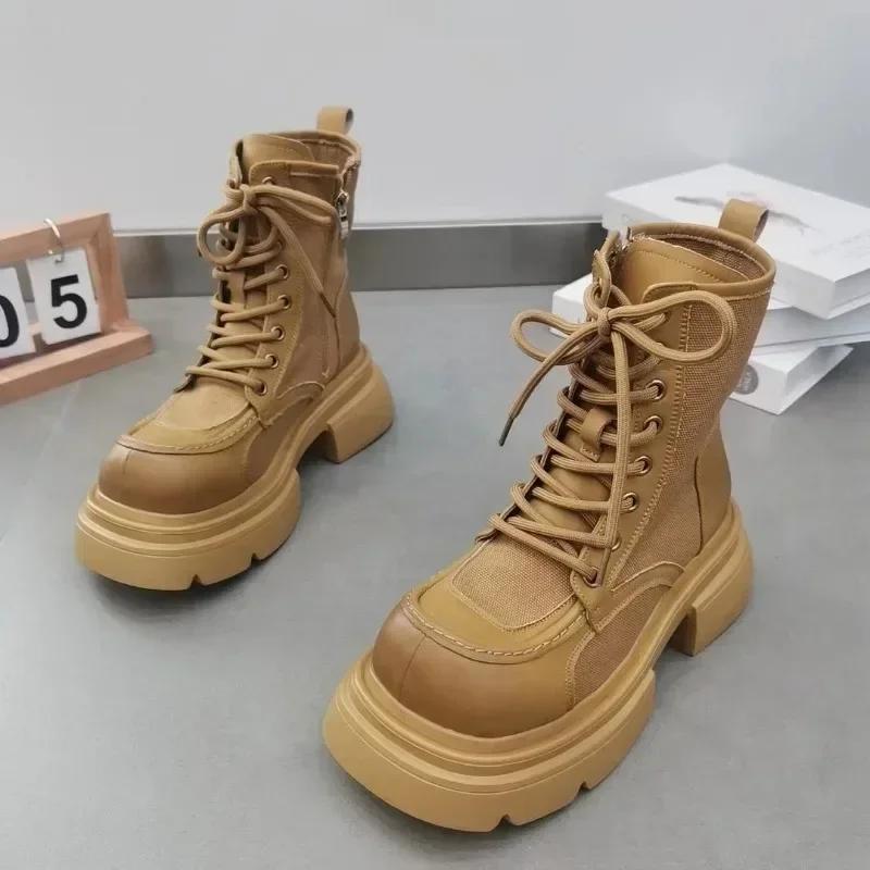 Ankle Boots for Women Chunky Platform Motorcycle Booties Female Shoes Designer Round Toe Short Boots Ladies Lace Up Work Boots
