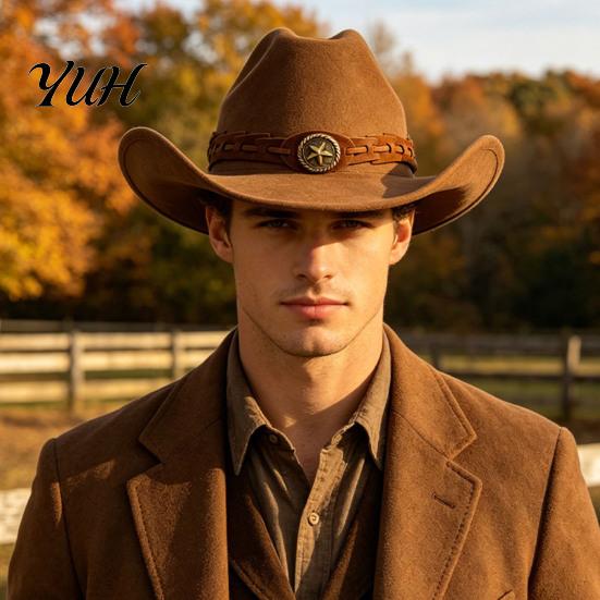 Outdoor Travel Felt Hat Unisex Western Cowboy Hat, Wool Fedora with Faux Leather Autumn Winter Warm Band, Retro Wide Brim Cowgirl for Men Women