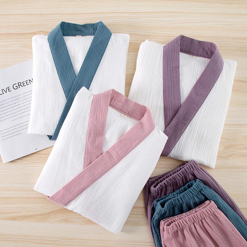 Pyjama Kimono Hanfu Style Japonais Ensemble de Nuit pour Femmes Couleur Fraîche Fil de Coton Crêpe Manches Courtes Short Combinaison d'Intérieur