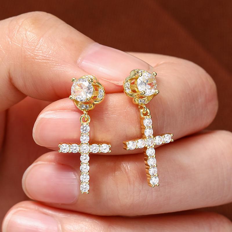Punk Gold/ Color Cross Stud Earrings Hip Hop Rhinestone Piercing Studs For Women Men Ear Accessories Fashion Jewelry