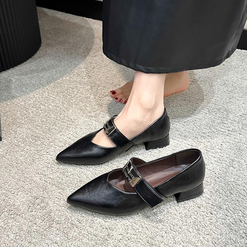 Fashion Women's Low Heel Shoes Spring New Pointed Head Shallow Mouth Metal Buckle Soft Sole Non-slip Low Top Shoes