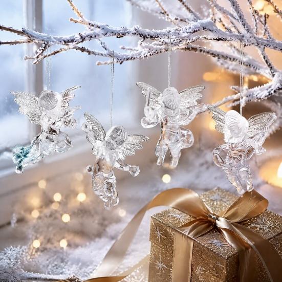 Holiday Party Hanging Decor 4Pcs Winged Angel Ornaments, Clear Figurines, Exquisite Gifts for Friends Christmas Tree Decor, Seasonal Home Supplies