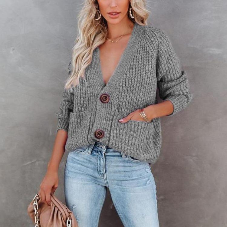 V-Ausschnitt Uni Cardigan Pullover Jacke mit langen Ärmeln für Herbst und Winter Einreiher Oberteil
