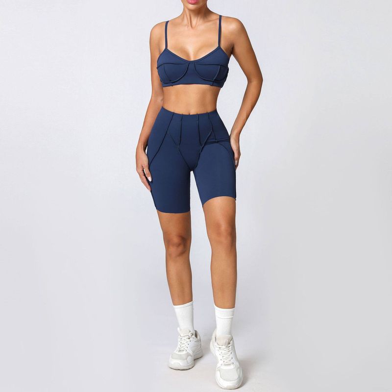 Fashion Fitness Suit Women s Tight Brushed Yoga Suit Quick-Drying Workout Clothes Summer Running Sports Suit for Women Navy blue S