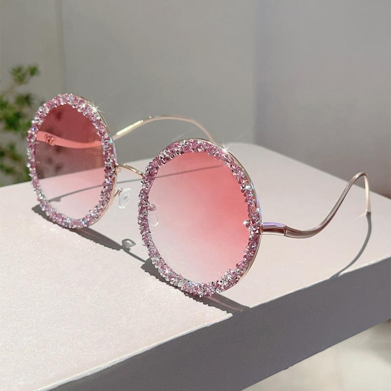 KAMMPT Trendy Retro Crystal Shiny Round Shades Women Ins Brand Design Sunglasses New Fashion Driving Anti UV Sun Glasses gold frame
