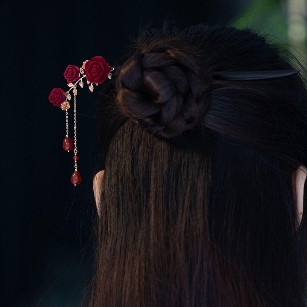 Retro Flower Hair Forks Red Rose Vintage Hairpin Hanfu Hair Sticks Chinese Hair Stick  Hanfu Party