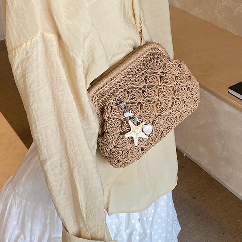 Yogodlns Women Straw Shoulder Bag Chain Strap Woven Crossbody Bags Large Capacity Cloud Clutch Purse Stylish Solid Color Beach Handbags
